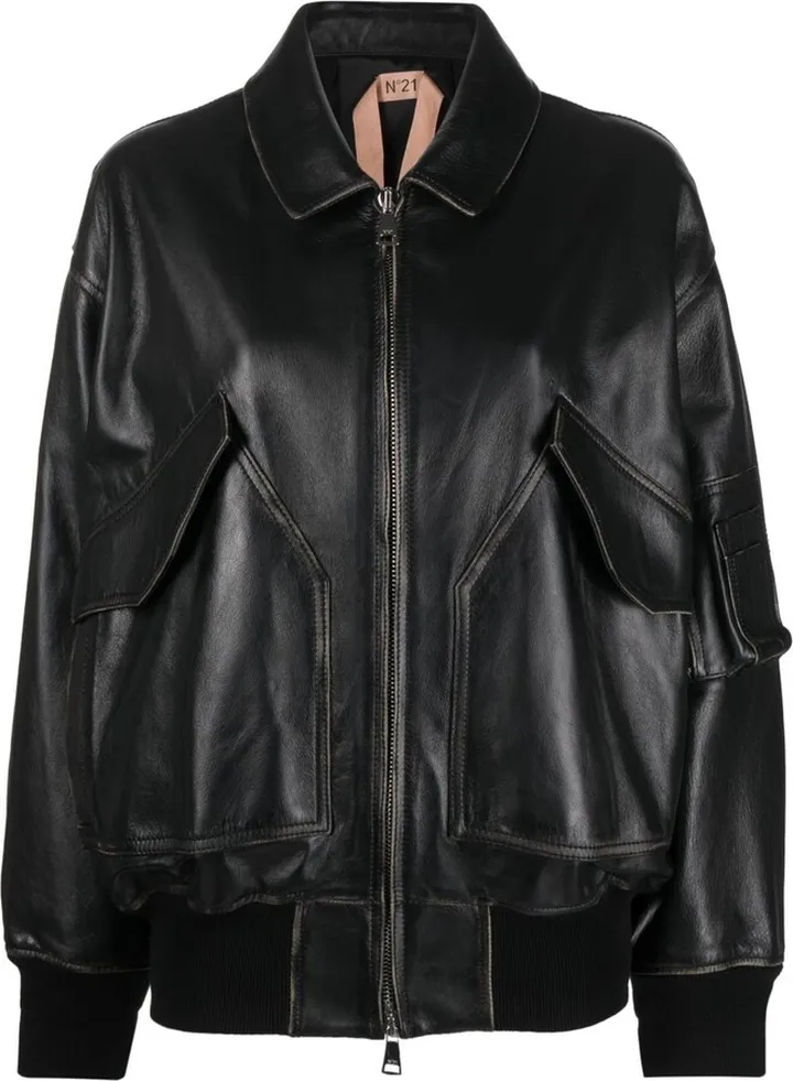 Multi-Pocket Leather Bomber Jacket