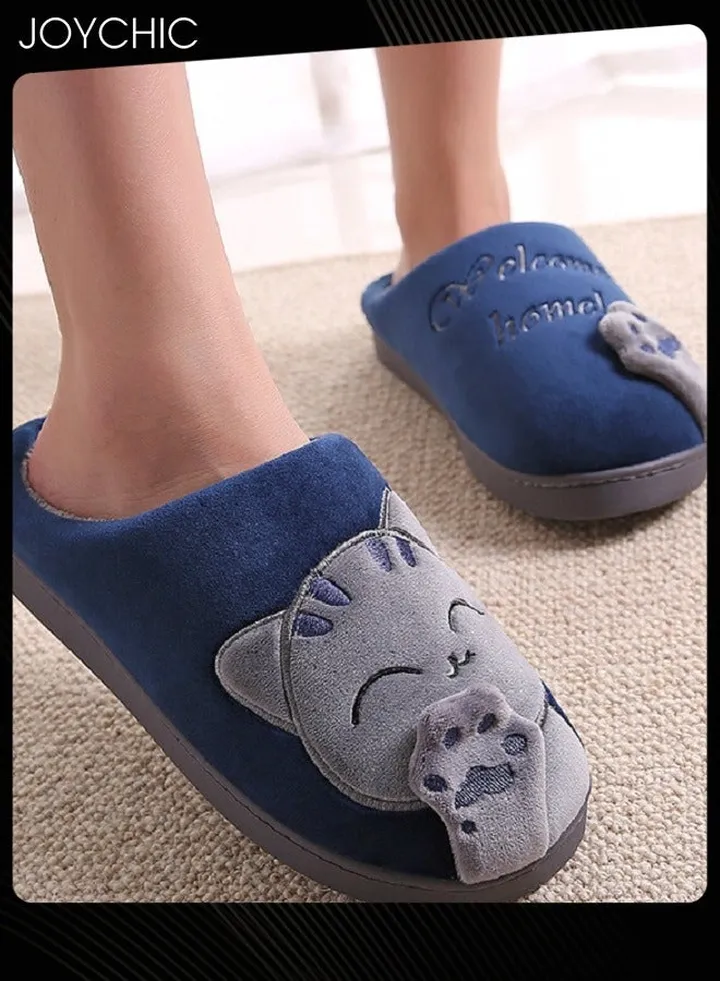 Lovely Cat Design Winter Warm Windproof Anti-Slip Home Slide Outdoor Slipper Navy Blue/Grey for Women Men