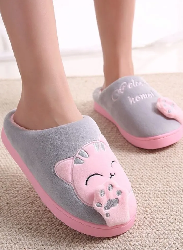 Lovely Cat Design Autumn and Winter Warm Windproof Anti-Slip Home Slide Pink/Grey for Women