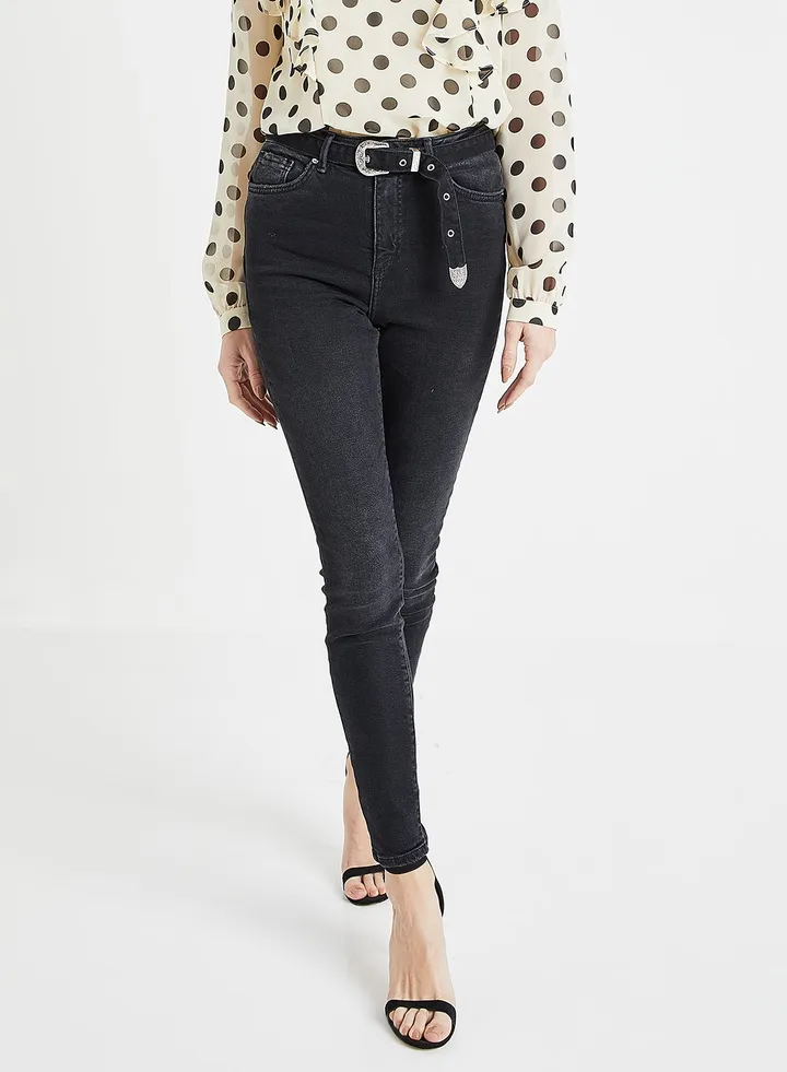 Belted High Waist Skinny Jeans Black