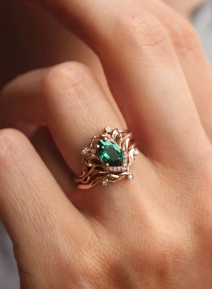 Emerald Stone 2 set rose gold plated ring