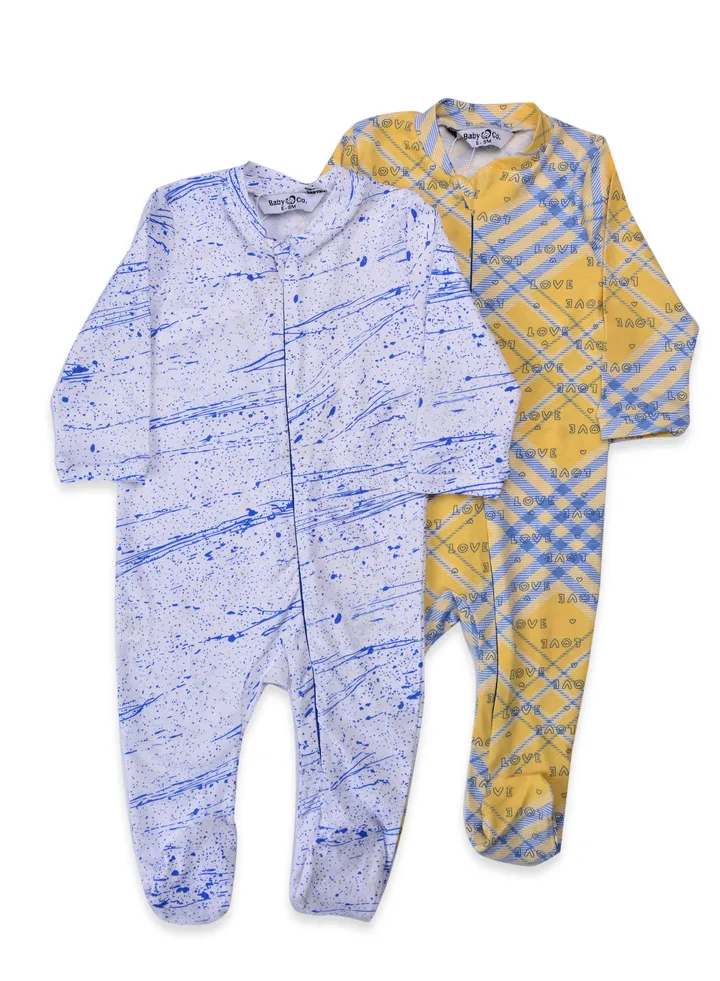 Yellow/Blue & Stylish Blue Soft Cotton Bodysuits With Ice Caps (2 Pack)