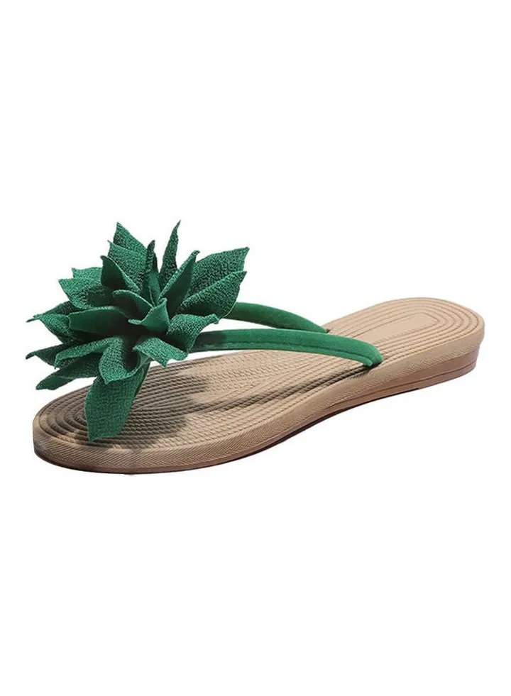 Women Fashion Summer Non Slip Flower Flip Flops Flat Sandals Green/Beige
