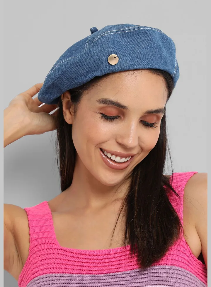Casual Solid Denim Beret Cap For Women