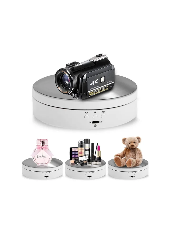 Rotating Display Stand, 360° Motorized Photography Turntable with 1 PVC Background, for Photography Products Display, Jewelry, Watch, 3D Models Panoramic Display, Max Load 6.6Lb USB Video Show (White)