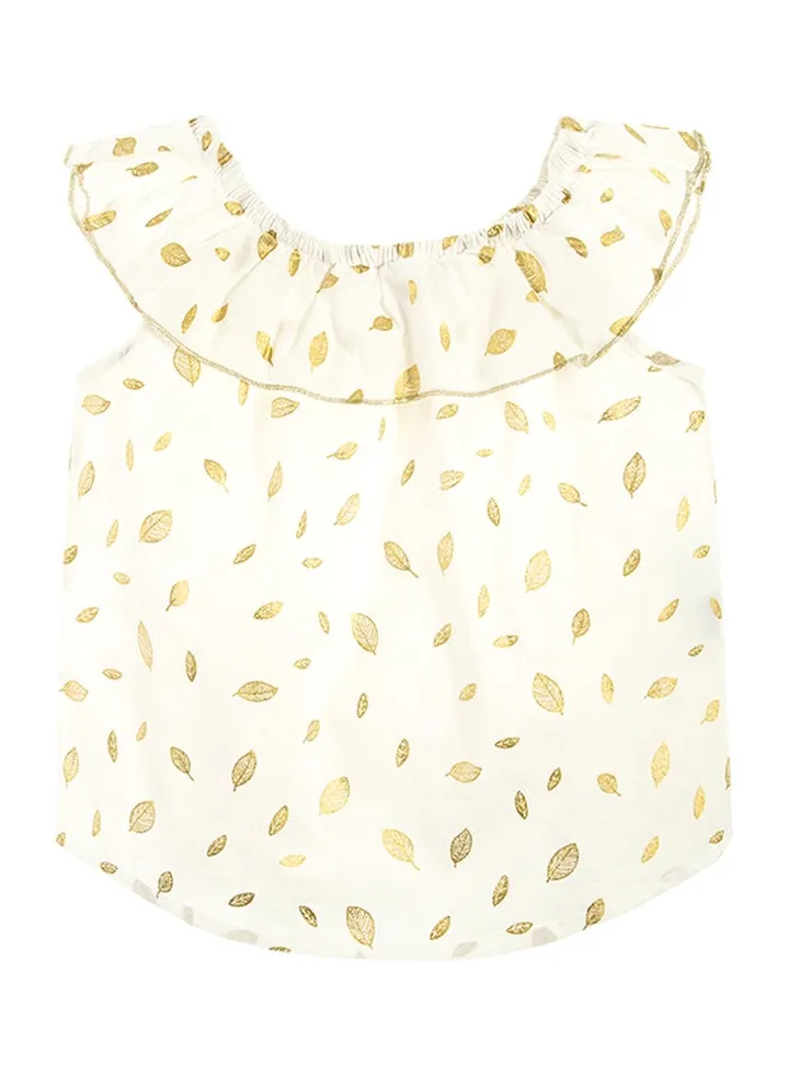 Girls Leaf Print Ruffle Top White/Yellow