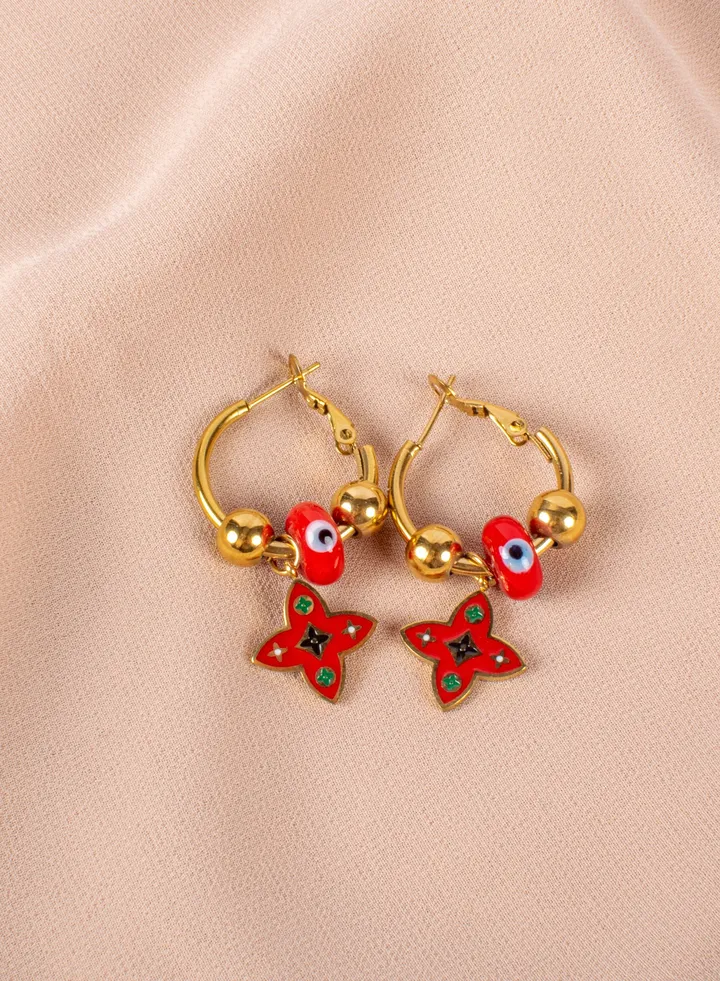 Stainless Steel Red Clover Leaf Earring