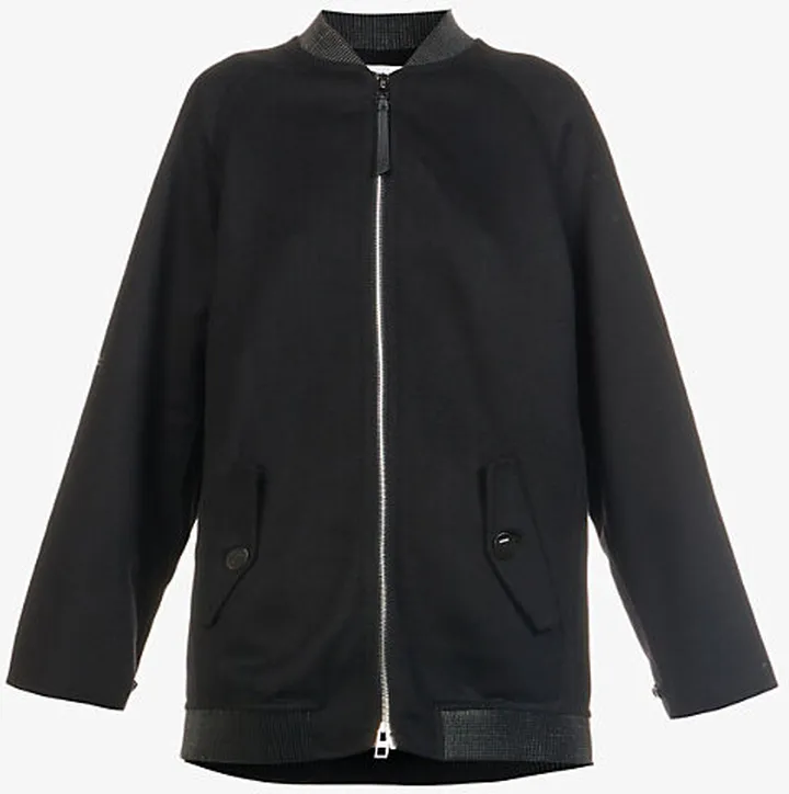 Womens Black Ribbed-trim Relaxed-fit Wool-blend Bomber Jacket