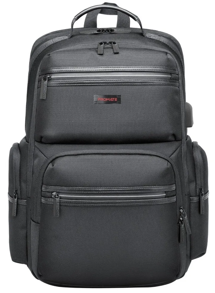 Promate 15.6-Inch Laptop Bag, High-Capacity 34 Liter, Multi-Functional Lightweight Backpack with USB Port, Durable Finish, Back Straps, Secure Zippers, Large Compartments, and Water Resistance