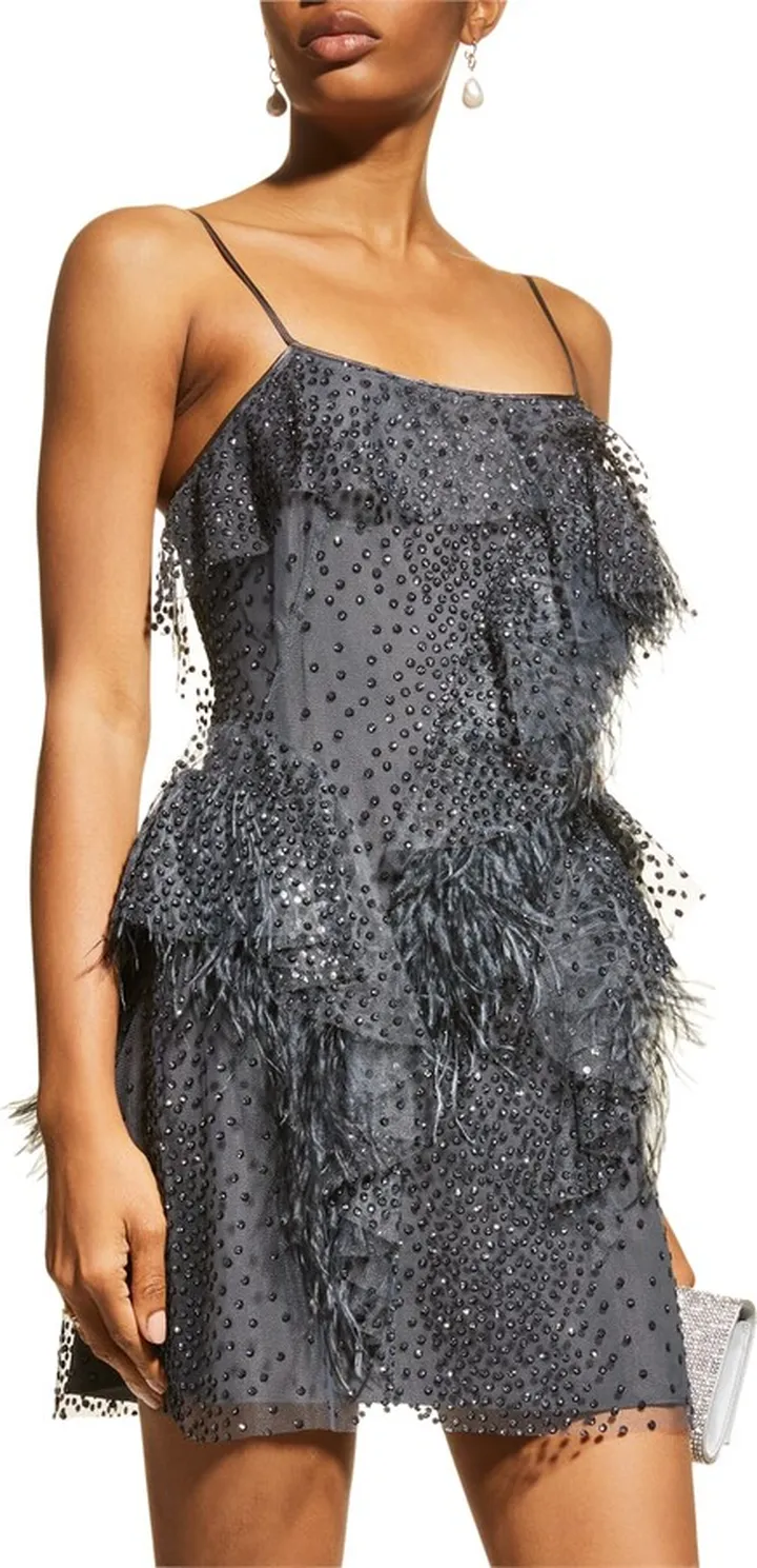 Feather-Trim Glitter Tulle Mini Dress