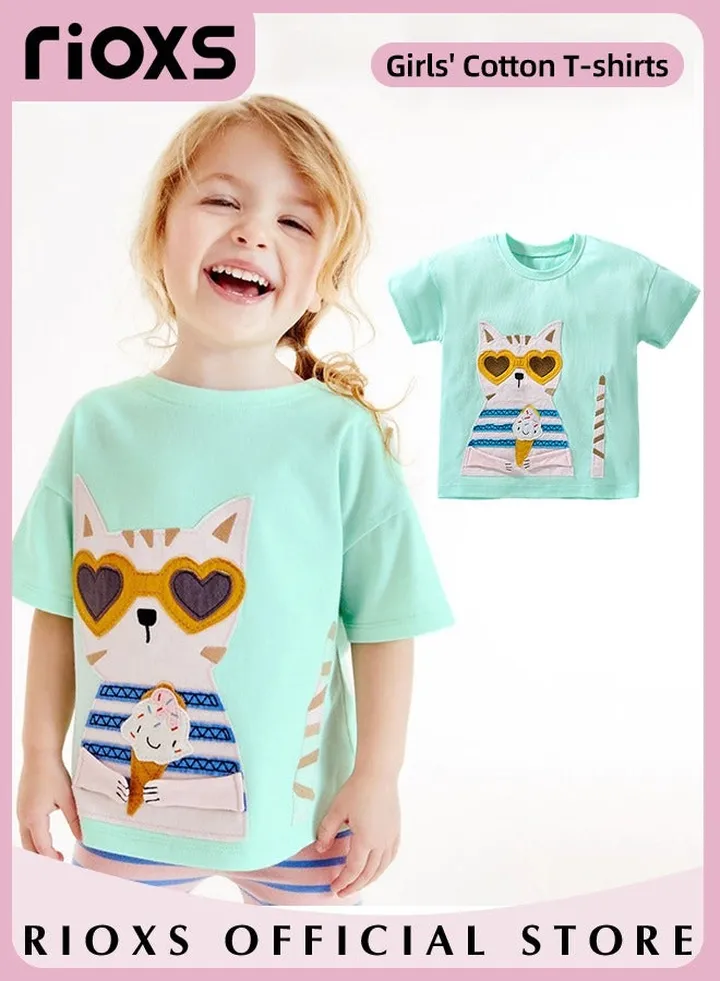 Toddler Kids Girls Fashion 100% Cotton Cartoon Tops Short Sleeve Breathable T-Shirt Summer Shirts Playwear