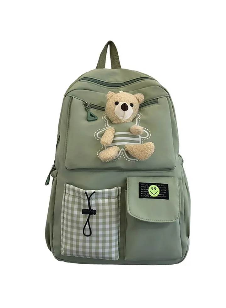 Kawaii Boys and Girls Backpack with Cute Plush Pendant Kawaii Kids School Backpack Cute Aesthetic Backpack-Green
