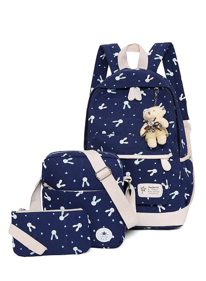 Three Piece Women's Schoolbag Zipper Backpack One Shoulder Crossbody Backpack Laptop Casual Bag (blue)
