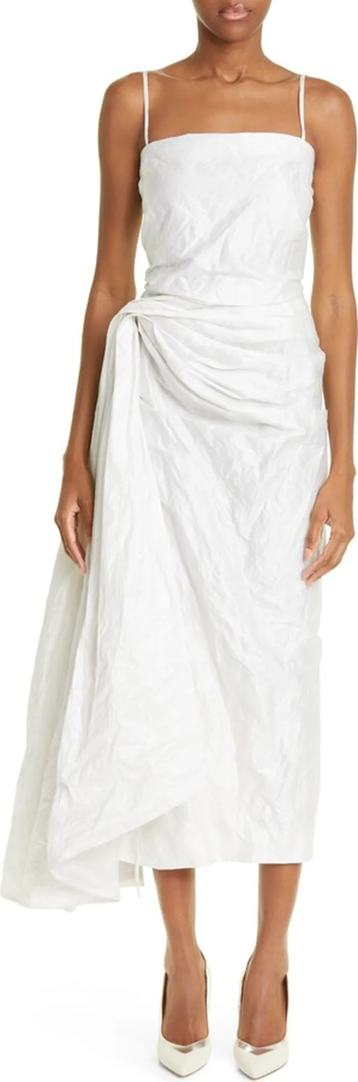 Metallic Ruched Crinkled Cotton Blend Cocktail Dress