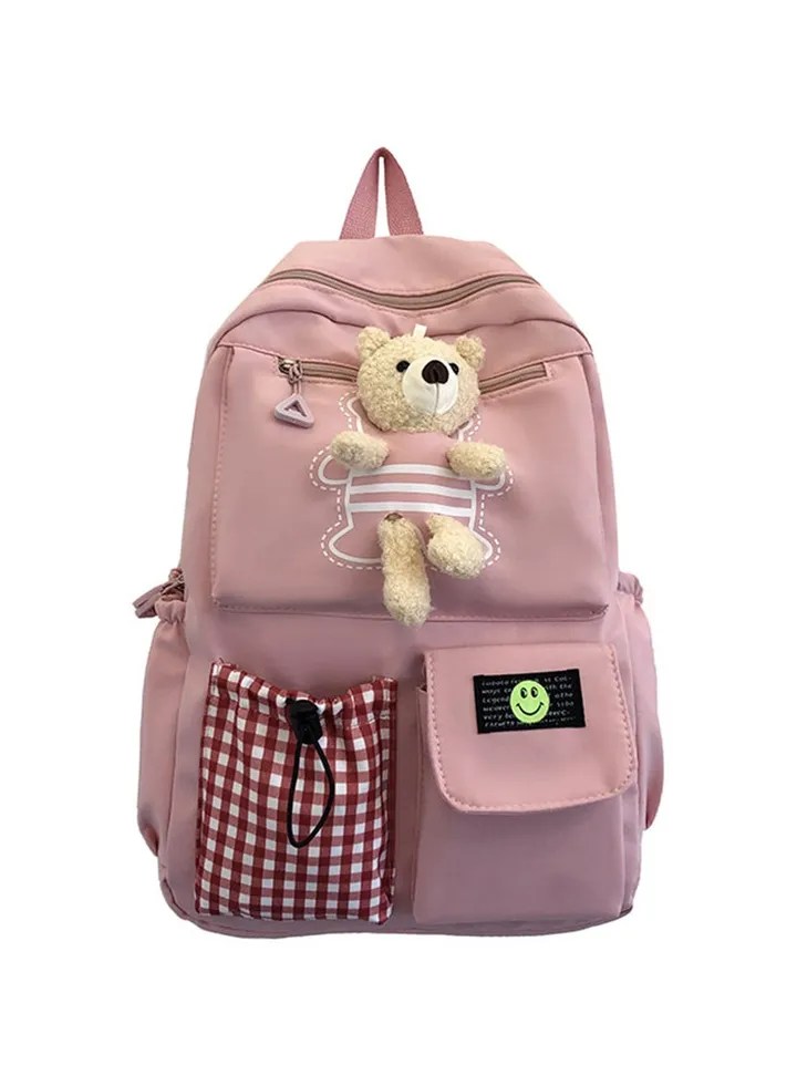 Kawaii Boys and Girls Backpack with Cute Plush Pendant Kawaii Kids School Backpack Cute Aesthetic Backpack-Pink