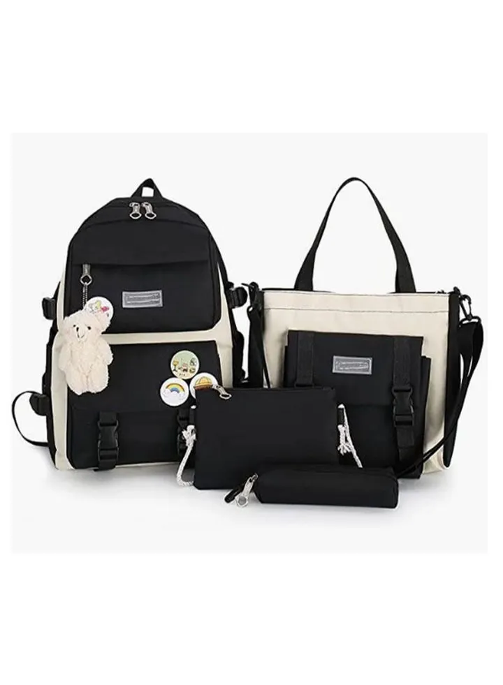 4 Pieces Backpack Set Teen Kids Student Girls Boys, Bear School Bag Tote Bag Pencil Case Lunch Box Bag Canvas Lightweight Large Capacity
