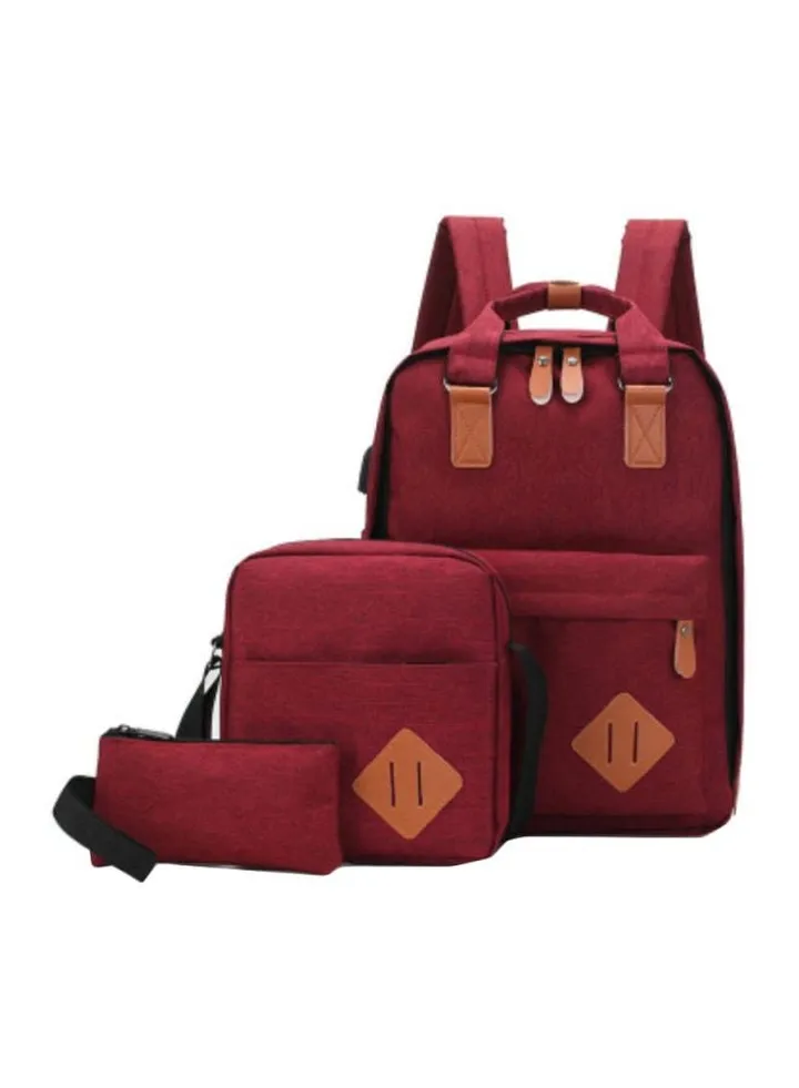 3 Piece Casual Backpack Red/Brown/Black