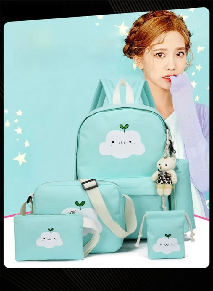 5-Piece Fresh Fashion School Backpack Set Canvas Waterproof Student Backpack Large Capacity Zipper School Bag with Pencil Pouch for Middle High College Students Green