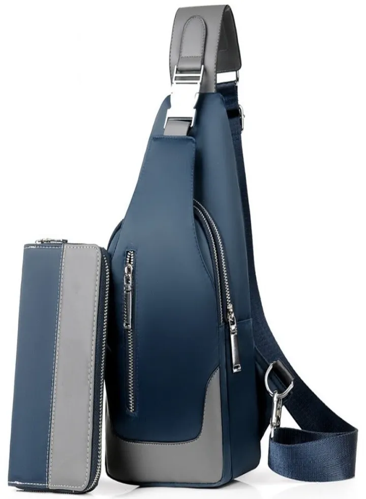 2-Piece Waterproof Chest Bag and Fashion Long Wallet Set Crossbody Shoulder Backpack with USB Charging Port for Men Blue/Grey