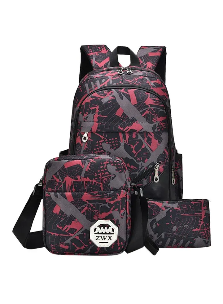 3-Piece Camouflage Printed Backpack With Crossbody Bag And Pouch Set Valentine Red/Black