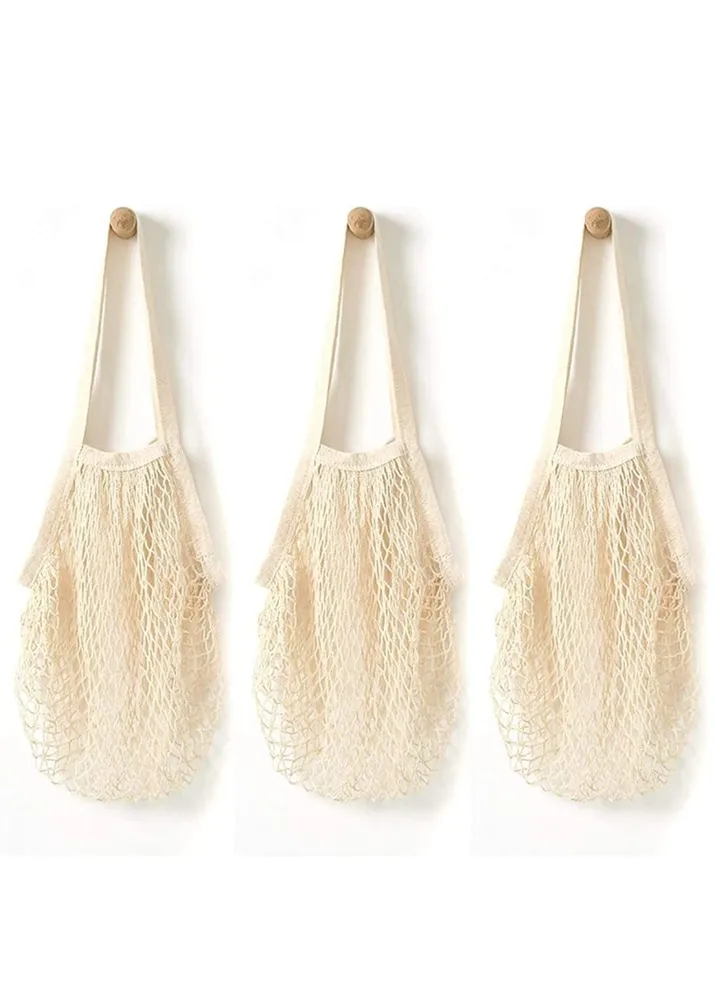Grocery Mesh Bags, Portable/Reusable/Washable Organic Cotton String Reusable Shopping Produce Net Tote with Short Handle Handbag for Fruit Vegetable Storage (3 pcs)