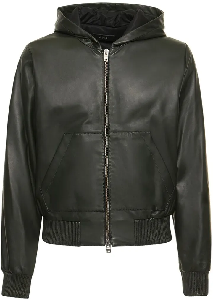 Hooded leather zip-up jacket