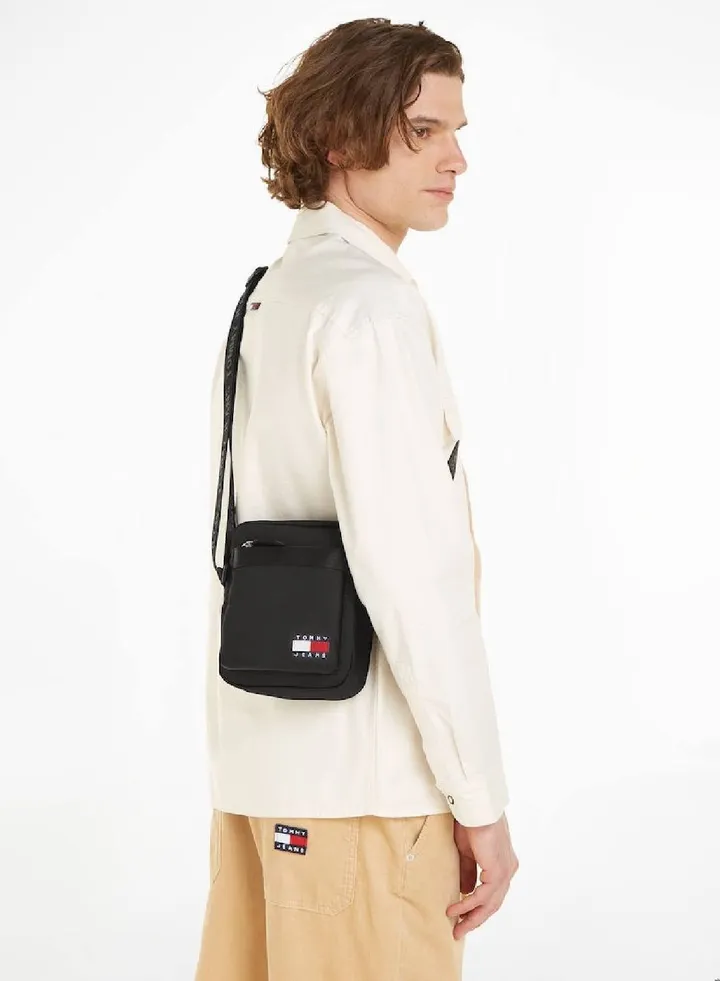 Men's Essential Logo Small Reporter/ Messenger Bag - Textured finish, Black