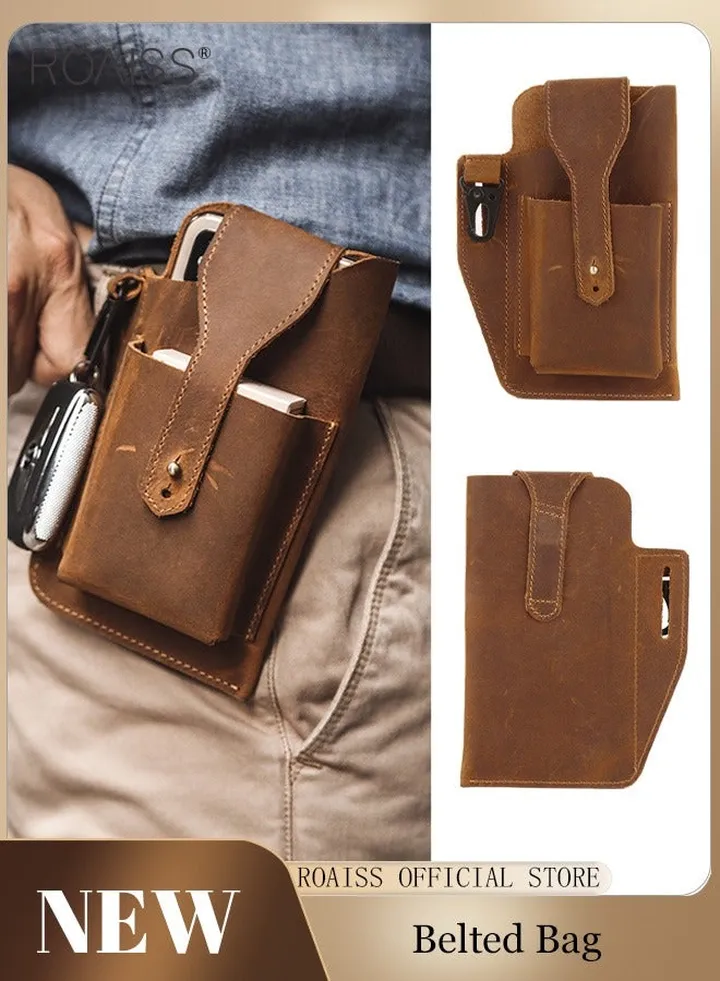 Men'S Retro Leather Waist Bag Leather Mobile Phone Bag Sports Tactics Waist Bag Belt Bag