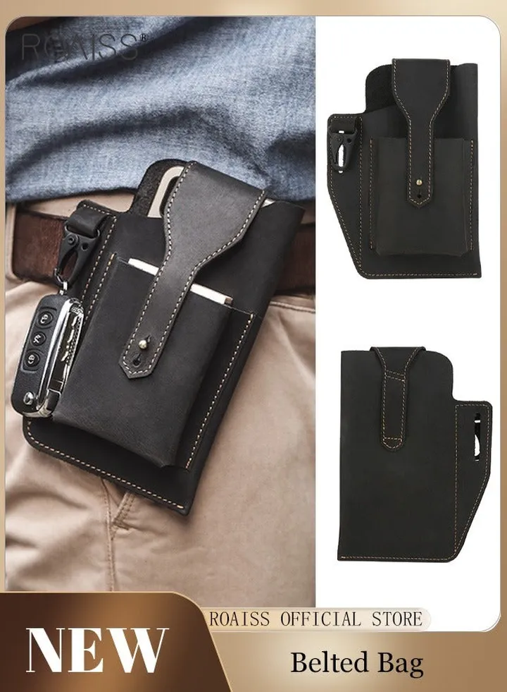 Men'S Retro Leather Waist Bag Leather Mobile Phone Bag Sports Tactics Waist Bag Belt Bag