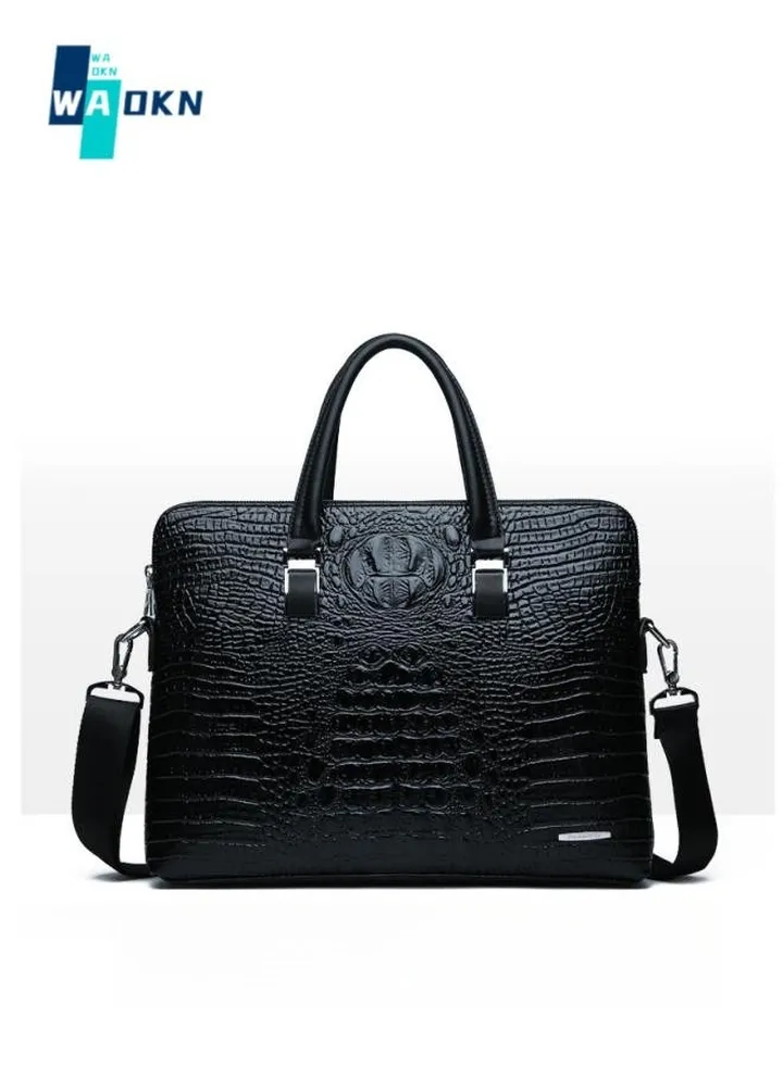 Men's Fashion New Crocodile Pattern Handbag, Business Briefcase, Office Bag, Shoulder bag, Laptop Bag, PU Multi-pocket Computer Bag, Crossbody Bag, Messenger Bag(Black)