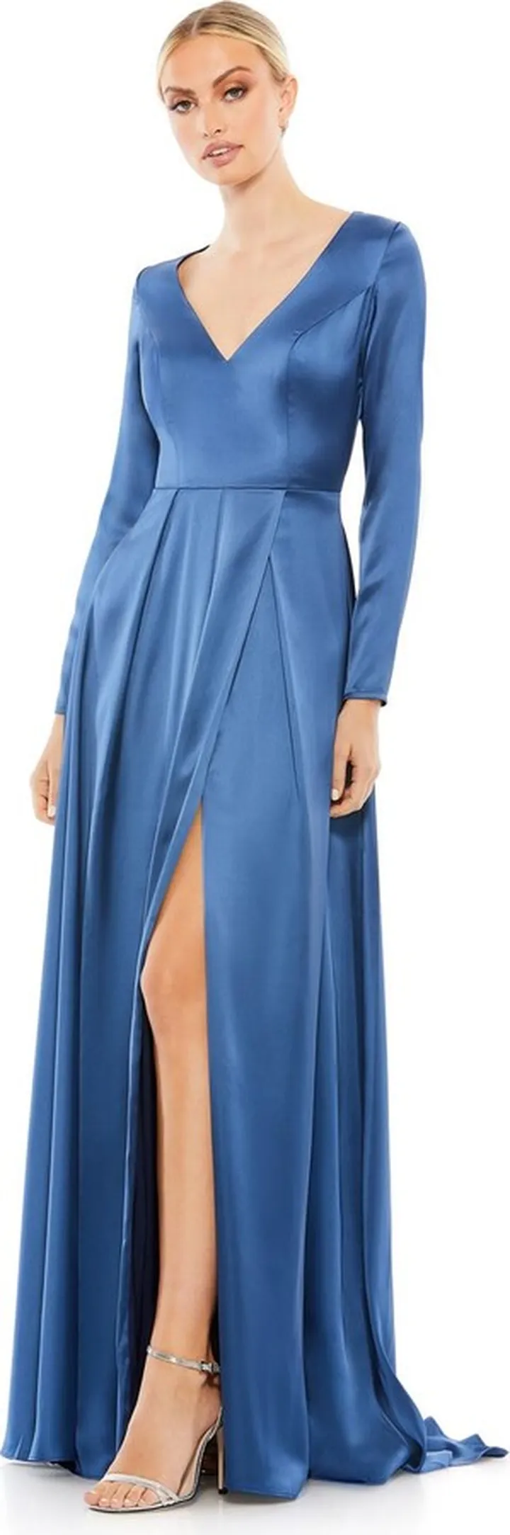 Satin V Neck Long Sleeve Pleated Gown