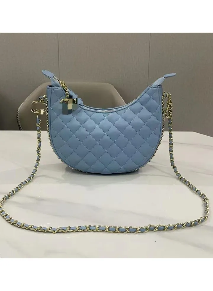 New Design Half Moon Hobo Bag Gold Metal Hardware Chain Clutch Purse Cross Body Pendant Zipper Women's Soft Bag 20x12cm