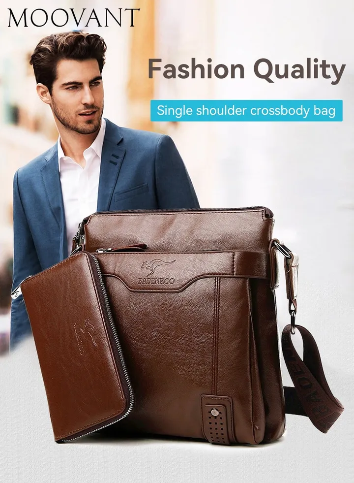 2-Piece Men's Shoulder Bag with Matching Zipper Wallet Fashion Casual Crossbody Bag Soft Leather Men's Bag Brown
