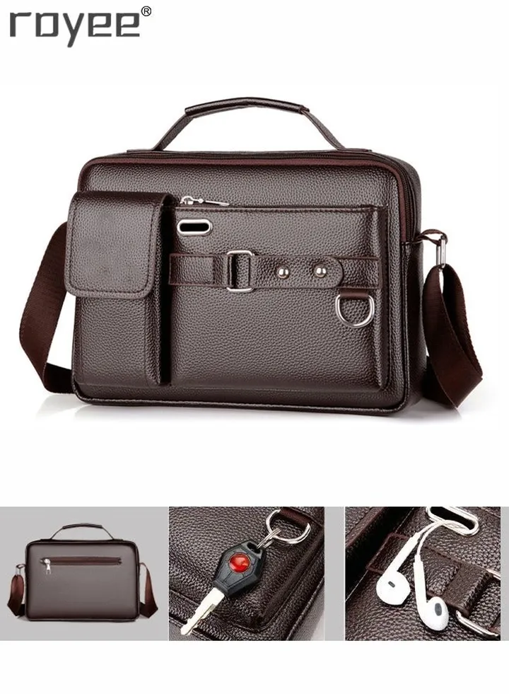 Brown PU Leather Retro Chic Handbag,Business Messenger Shoulder Bag for Men, Satchel Casual Portable Zipper Crossbody Shoulder Bag for Men Travel Work Office