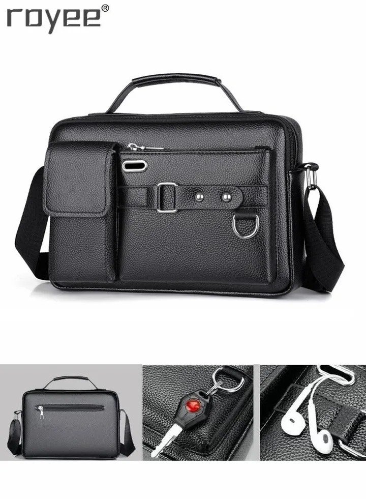 Black PU Leather Retro Chic Handbag,Business Messenger Shoulder Bag for Men, Satchel Casual Portable Zipper Crossbody Shoulder Bag for Men Travel Work Office