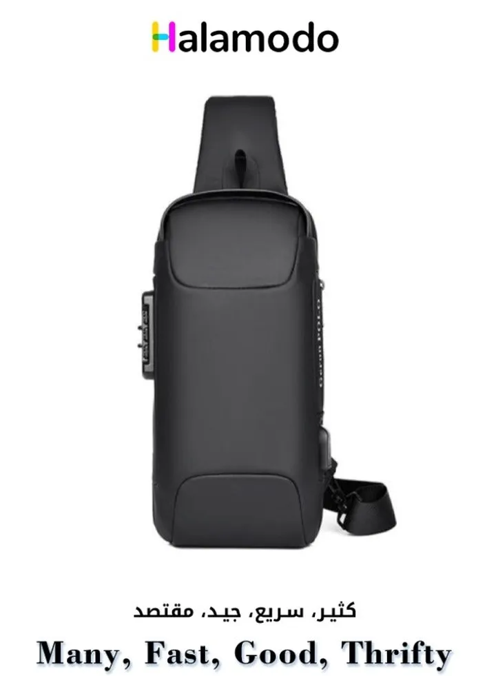 Men's Chest Bag Black, Casual Sports Shoulder Bag 33*5*17cm, with USB Charging Port
