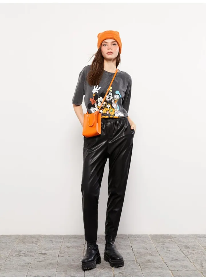 Elastic Waist Regular Faux Leather Women's Trousers