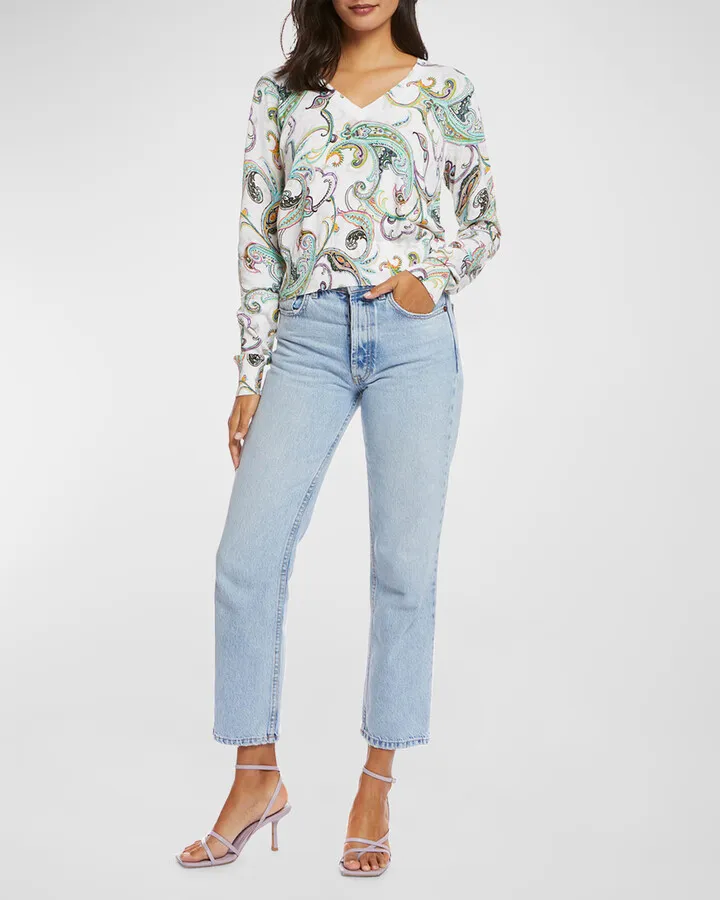 Evelyn Paisley-Print V-Neck Sweater