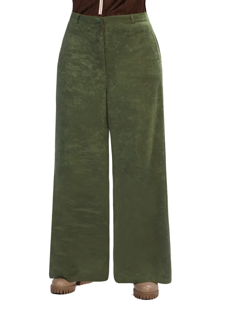 Wide Leg Womens Faux Suede Pants - Olive