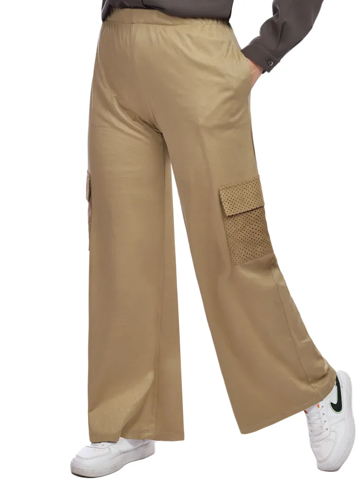 Wide Leg Faux Suede Cargo Pants - Beige