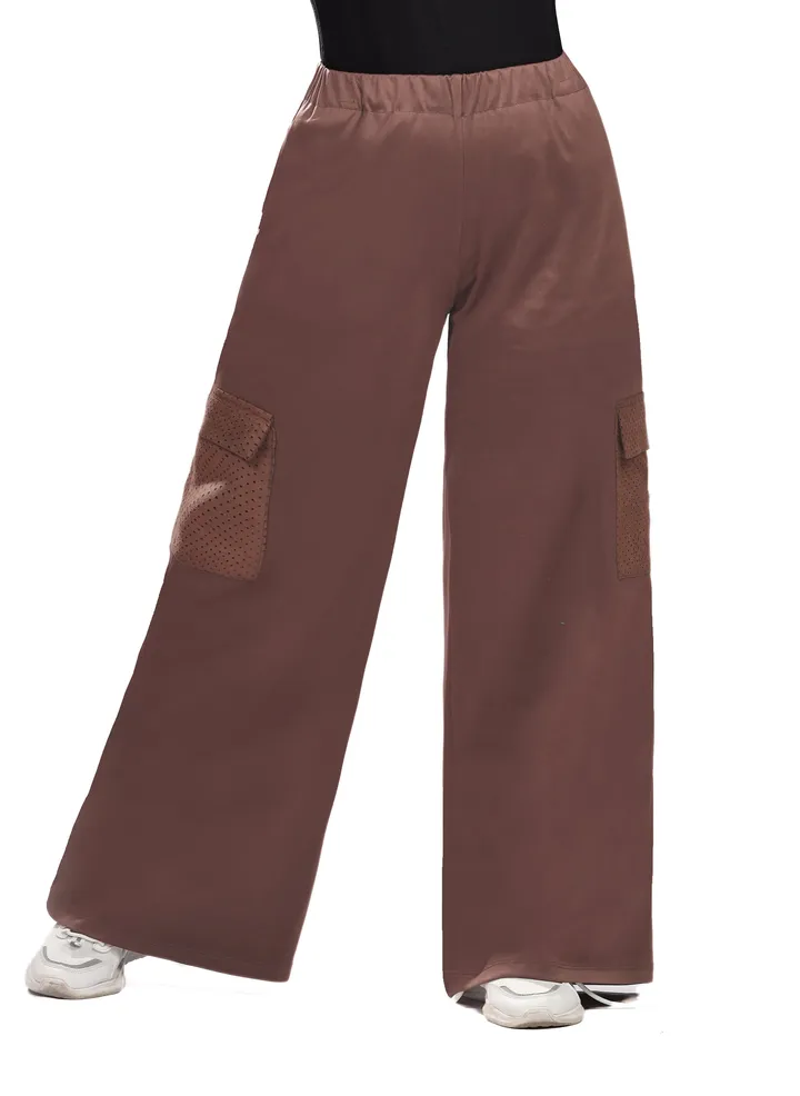 Wide Leg Faux Suede Cargo Pants - Brown