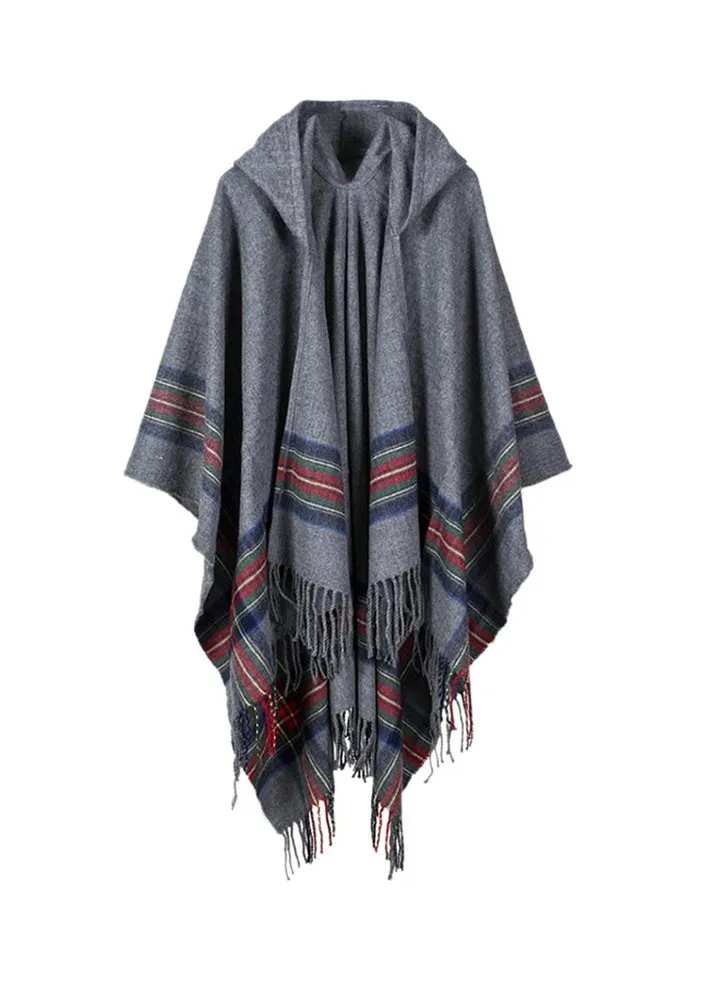 Stripes Design Hooded Cape Grey