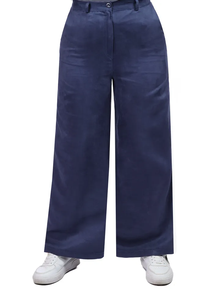 Wide Leg Womens Faux Suede Pants - Blue