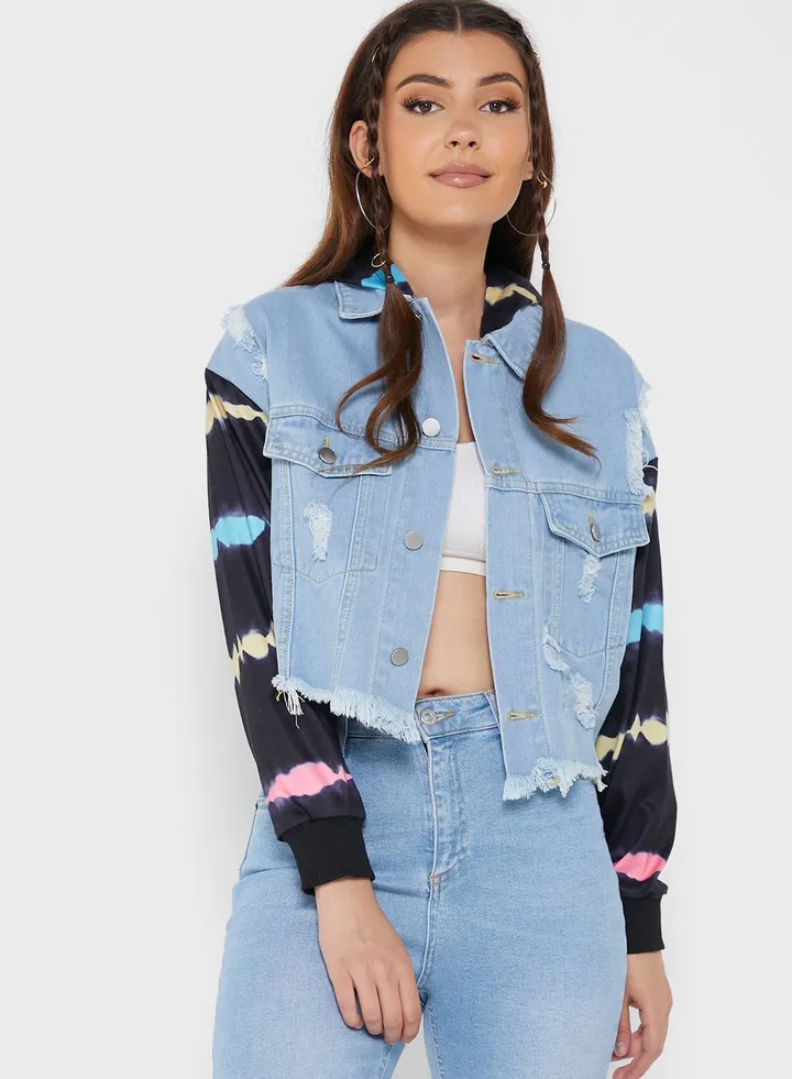 Printed Sleeve Denim Jacket