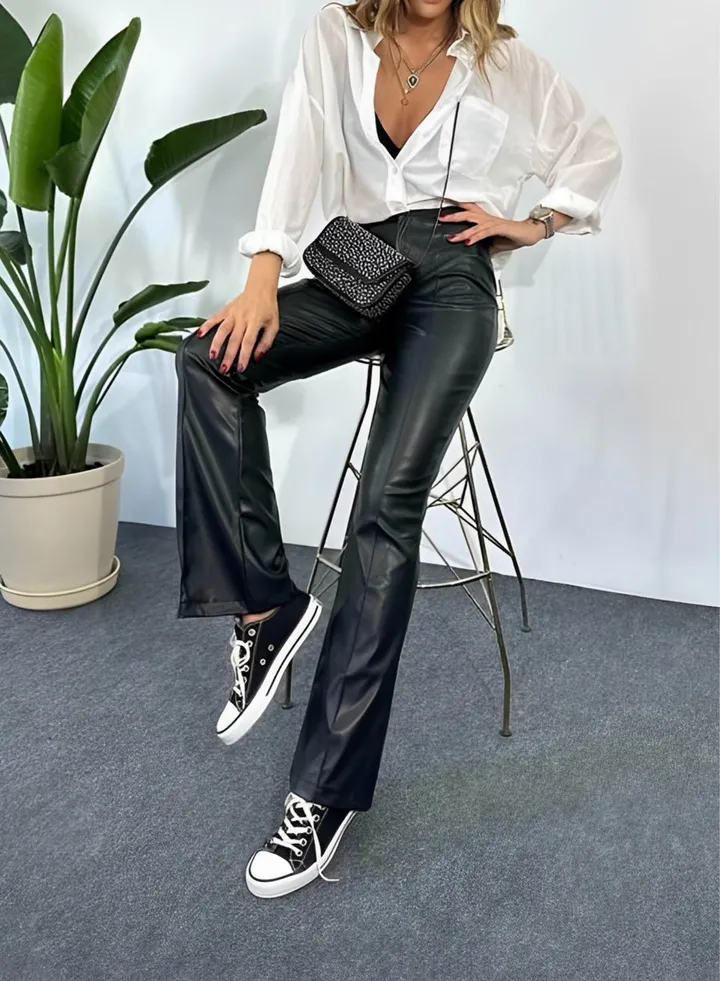Black wide leg Turkish vegan leather pants