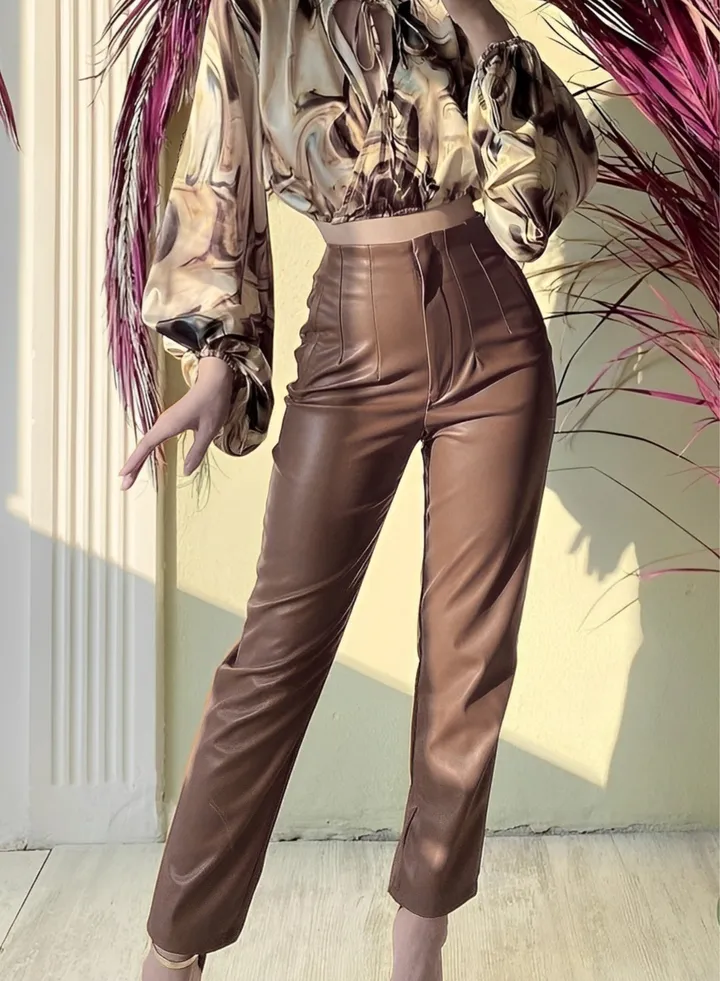 High waist brown vegan Turkish leather pants