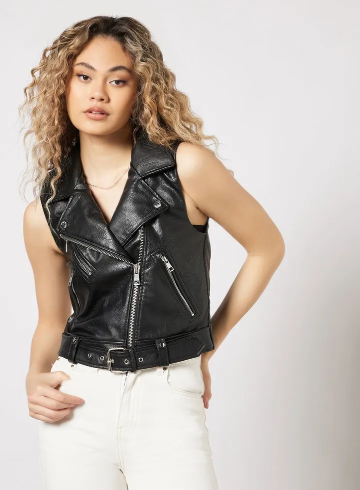 Faux Leather Sleeveless Jacket