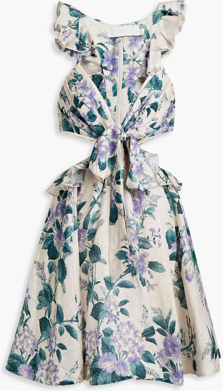 Cutout floral-print linen mini dress