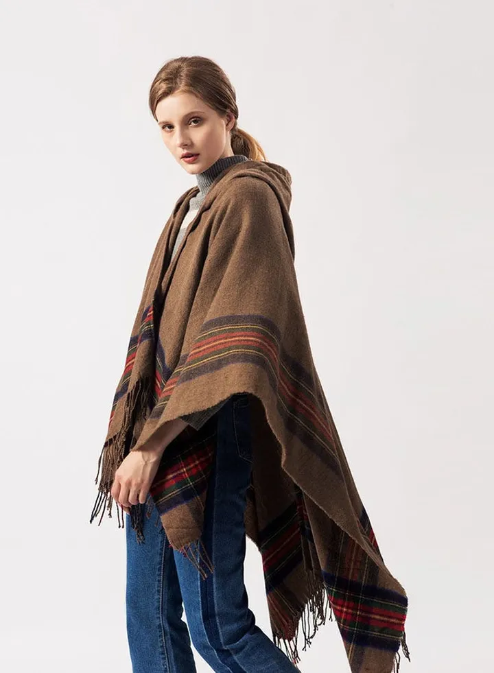 Stripes Design Hooded Cape Khaki