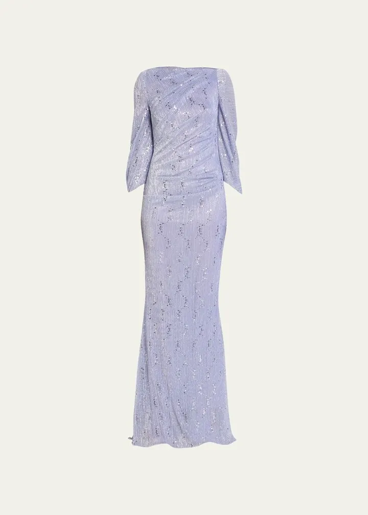 Metallic Sequin-Embellished Voile Cape Gown